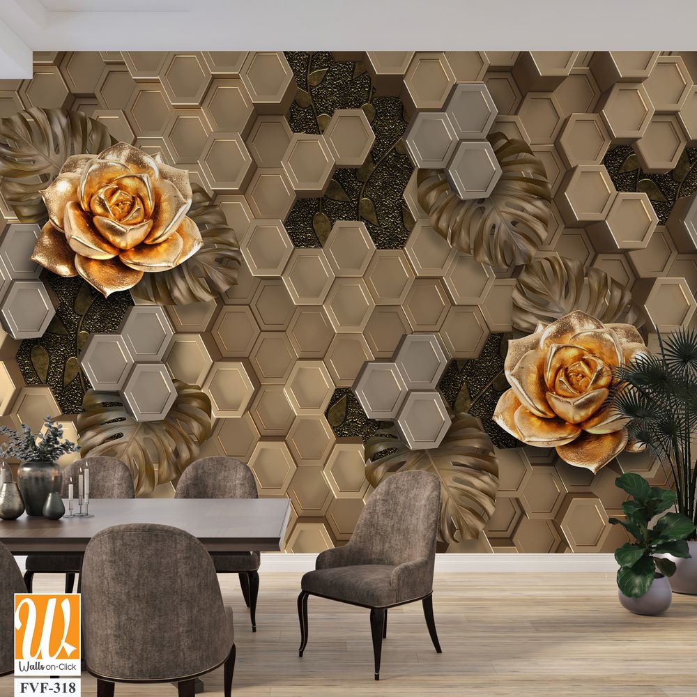 3D wallpaper with golden roses on a honeycomb background [WP-FVF-318]