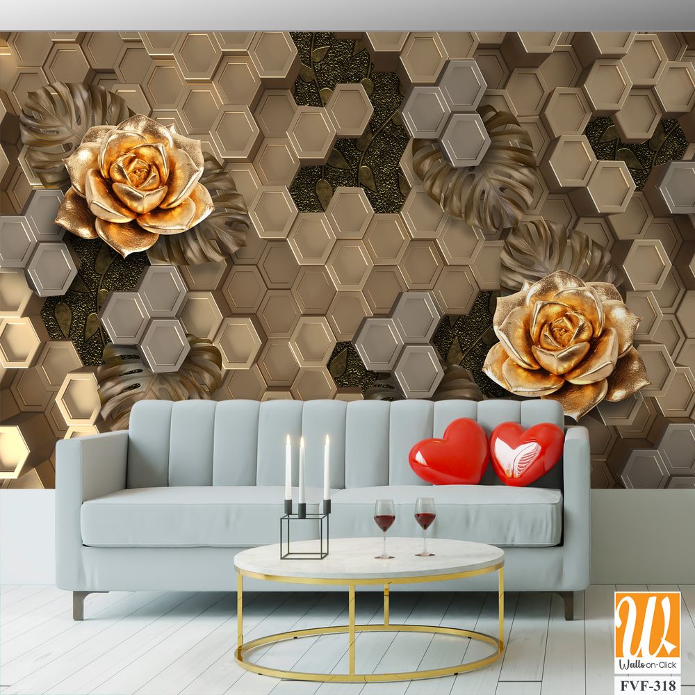 3D wallpaper with golden roses on a honeycomb background [WP-FVF-318]