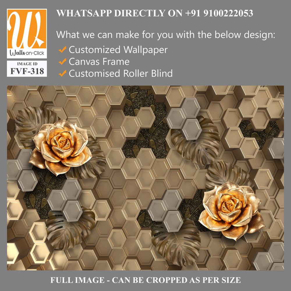 3D wallpaper with golden roses on a honeycomb background [WP-FVF-318]