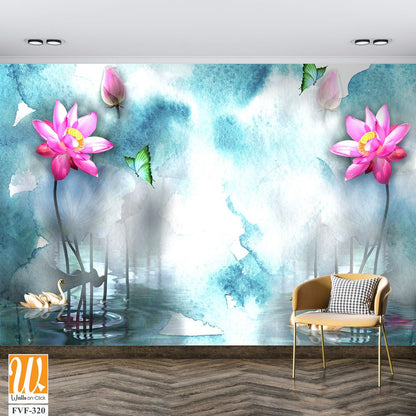 3D watercolor lotus flowers and swans on the lake [WP-FVF-320]