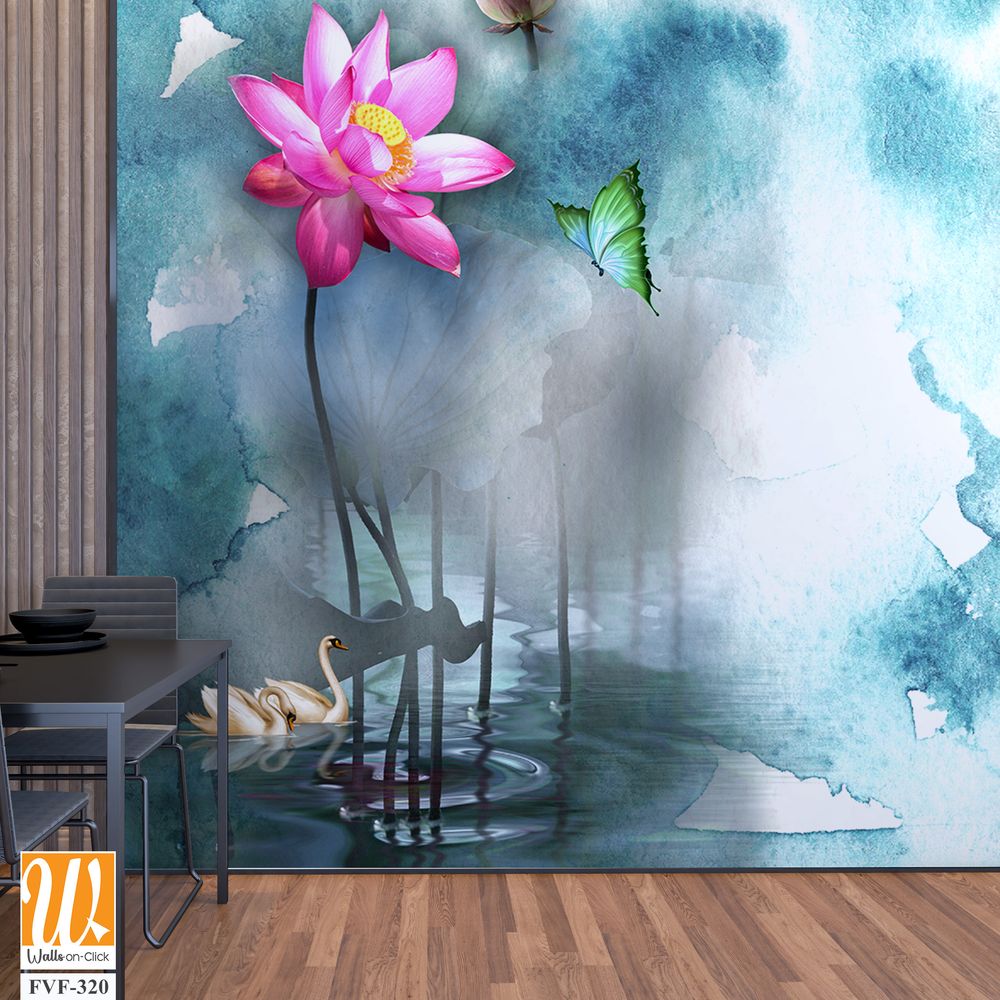 3D watercolor lotus flowers and swans on the lake [WP-FVF-320]