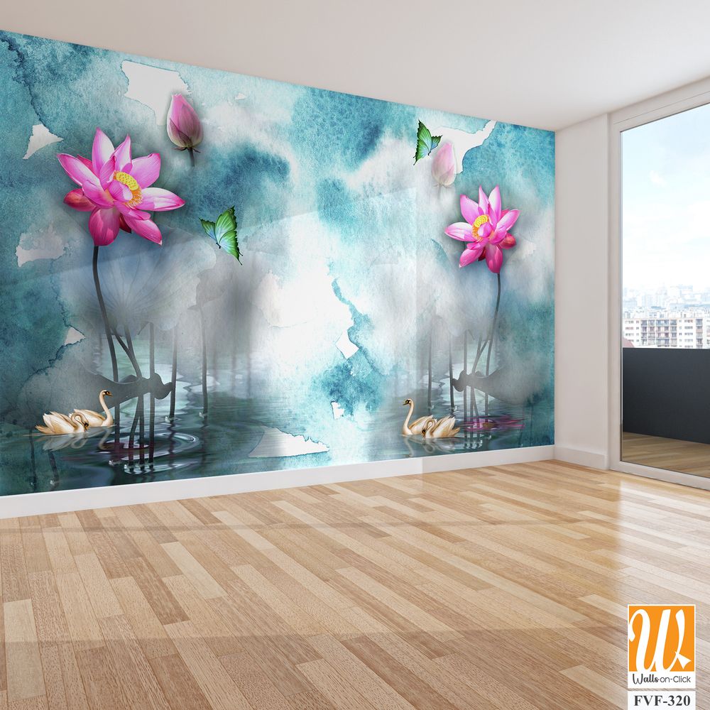 3D watercolor lotus flowers and swans on the lake [WP-FVF-320]