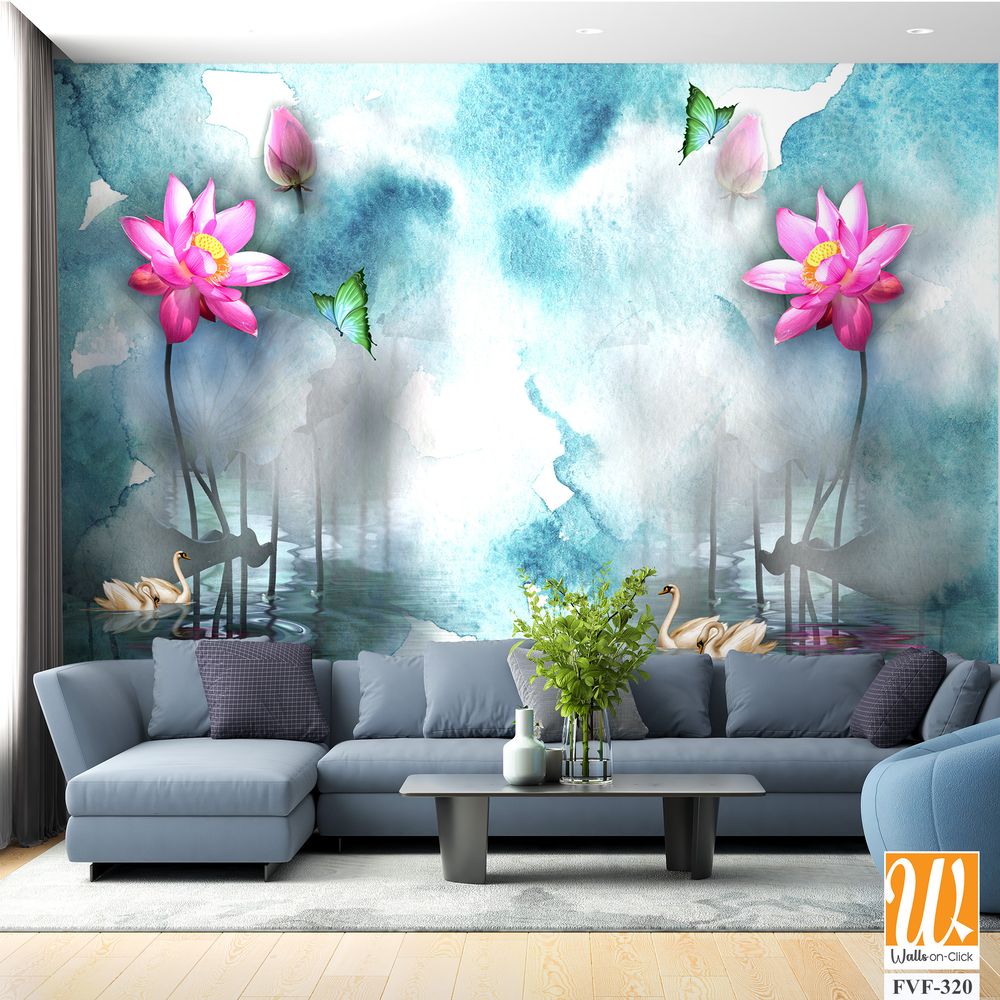 3D watercolor lotus flowers and swans on the lake [WP-FVF-320]