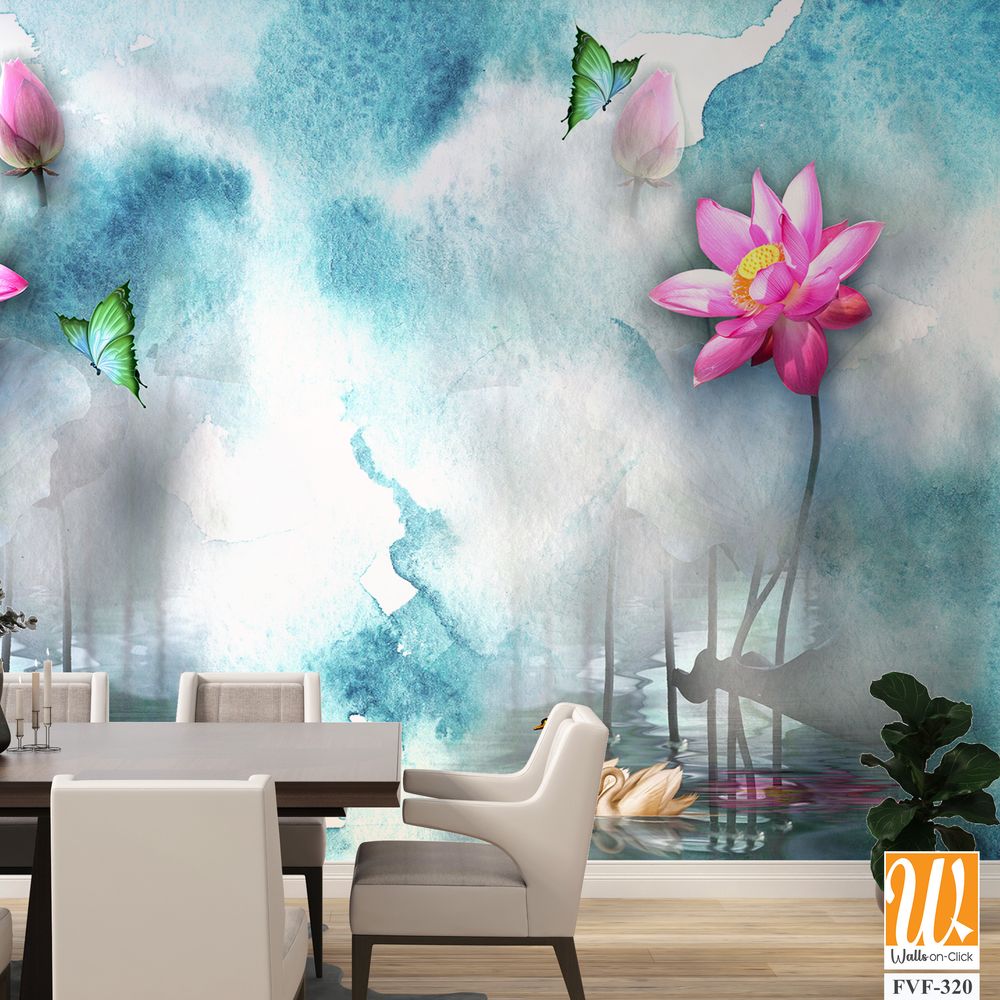 3D watercolor lotus flowers and swans on the lake [WP-FVF-320]