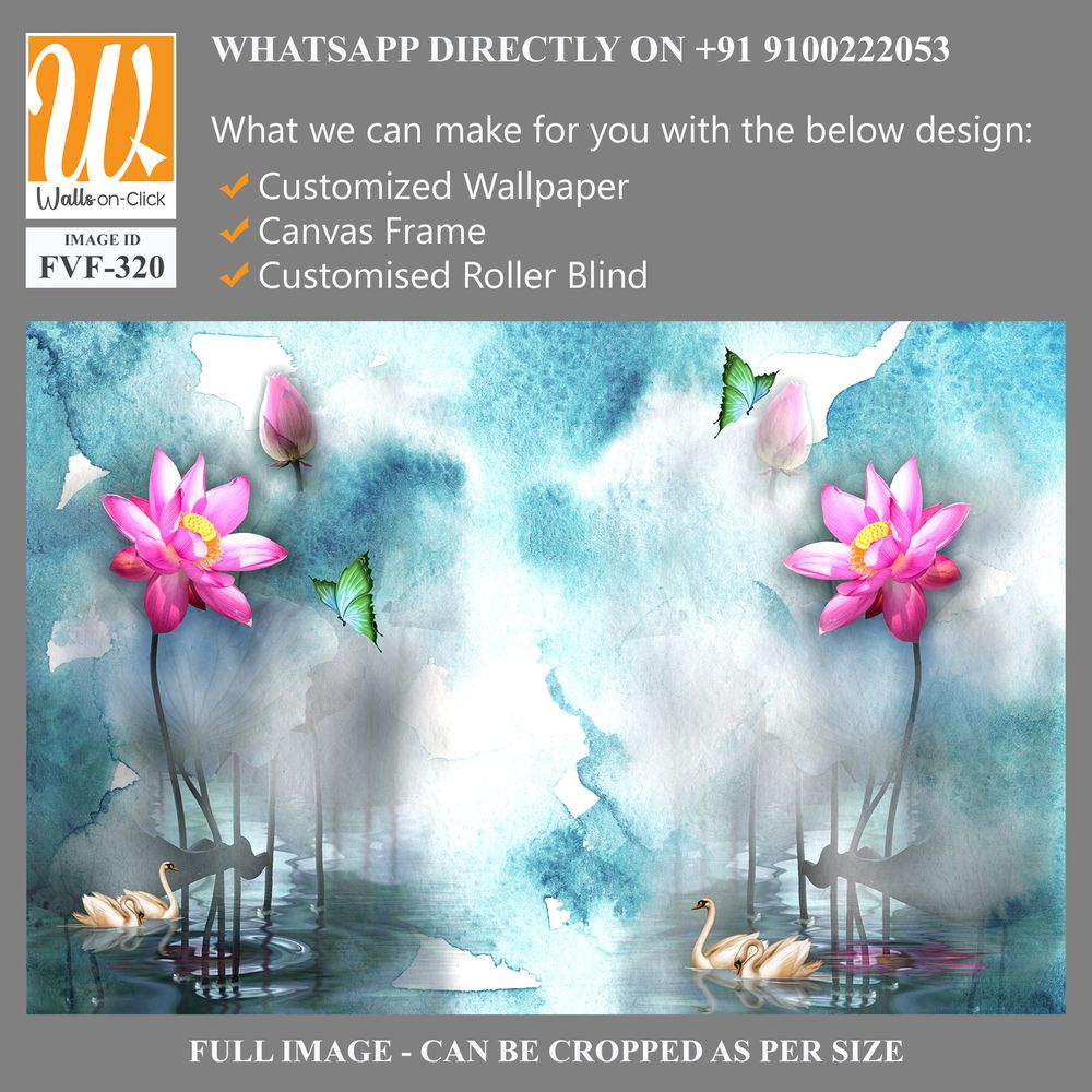 3D watercolor lotus flowers and swans on the lake [WP-FVF-320]