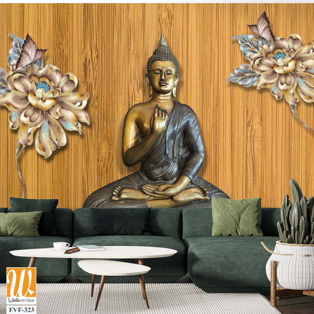 3D Buddha wallpaper with a wood background [WP-FVF-323]