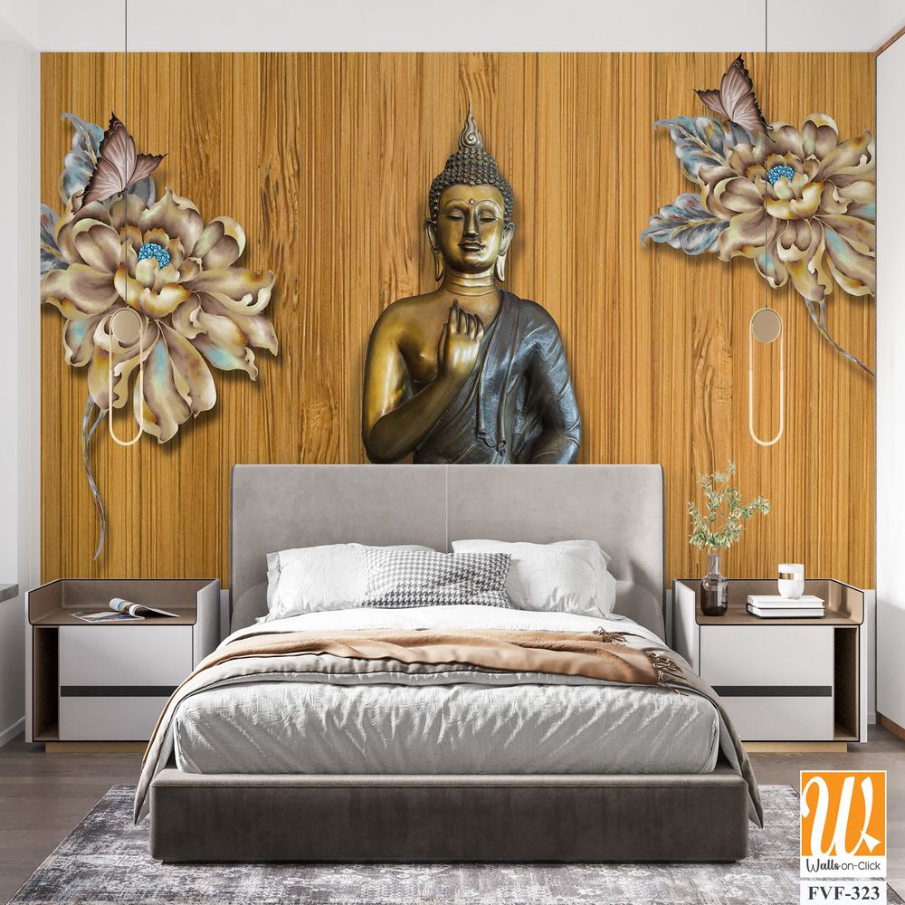 3D Buddha wallpaper with a wood background [WP-FVF-323]