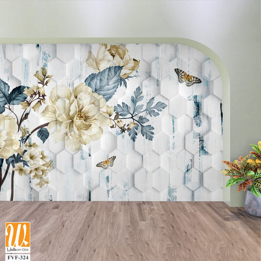 3D floral and butterflies on a hexagonal pattern [WP-FVF-324]