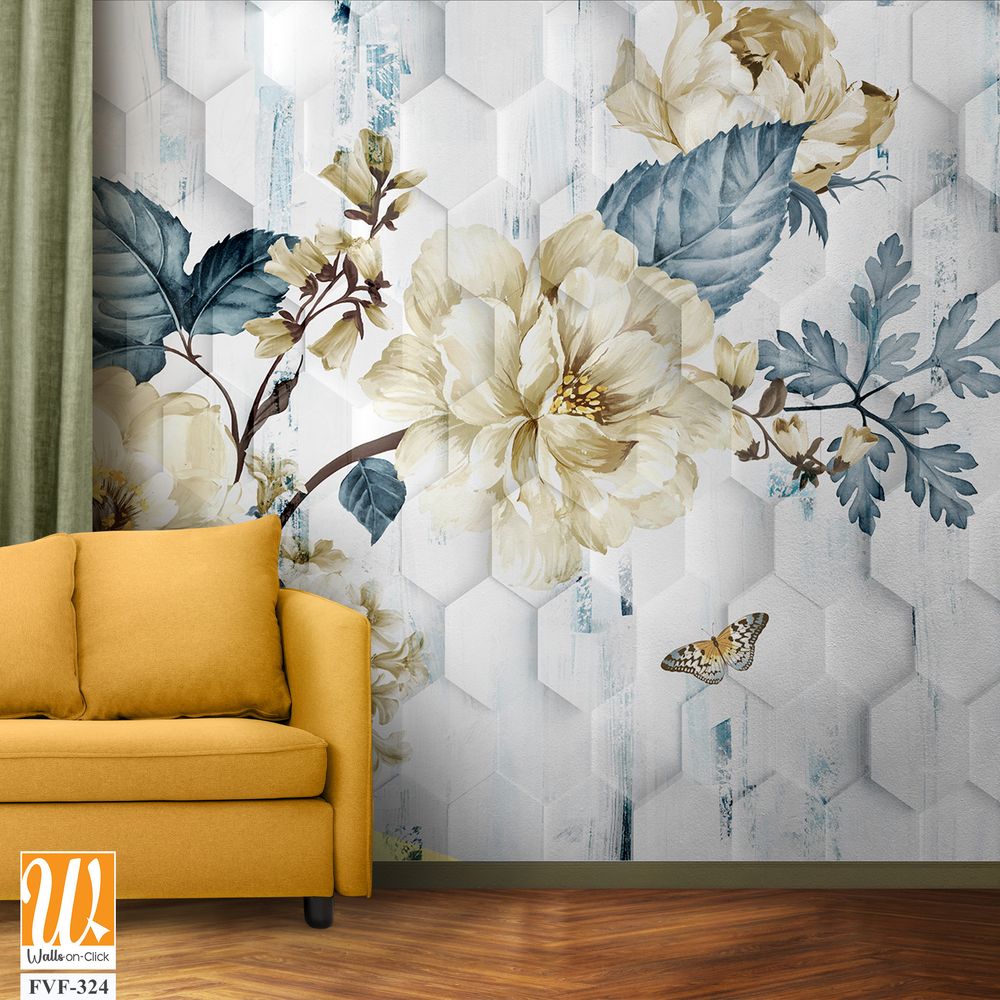 3D floral and butterflies on a hexagonal pattern [WP-FVF-324]