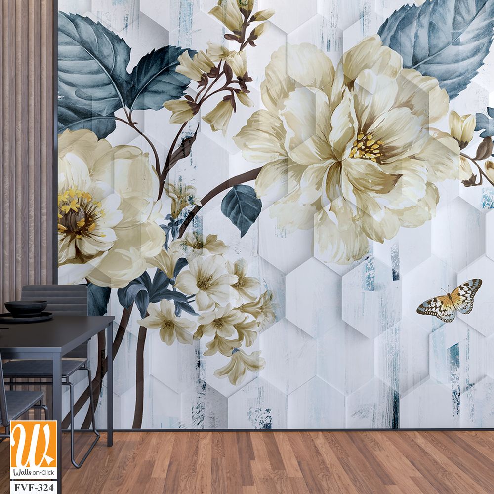 3D floral and butterflies on a hexagonal pattern [WP-FVF-324]