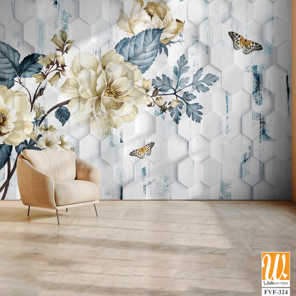 3D floral and butterflies on a hexagonal pattern [WP-FVF-324]