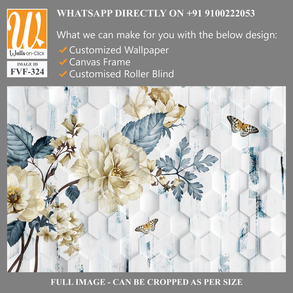 3D floral and butterflies on a hexagonal pattern [WP-FVF-324]