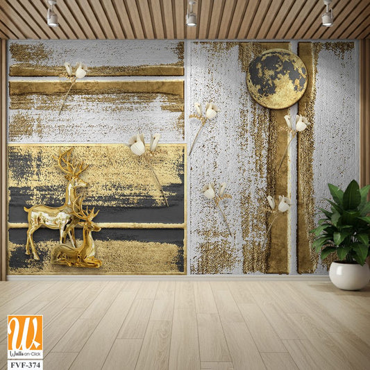 3D gold deer under the enchanted golden moon Wallpaper [WP-FVF-374]