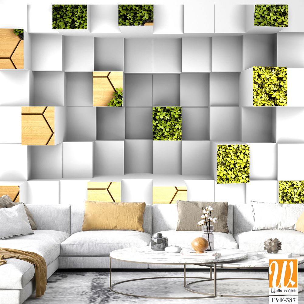 Modern white and grey wall with wooden cubes [WP-FVF-387]