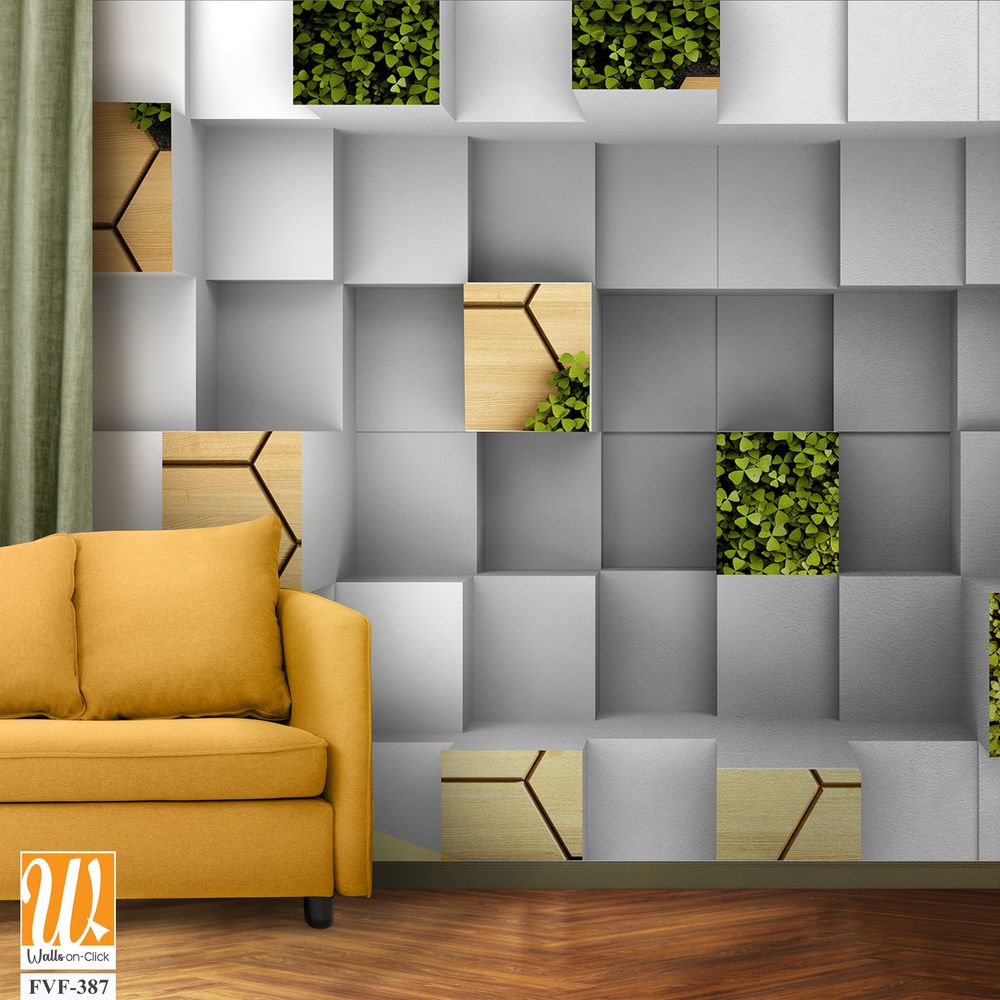 Modern white and grey wall with wooden cubes [WP-FVF-387]