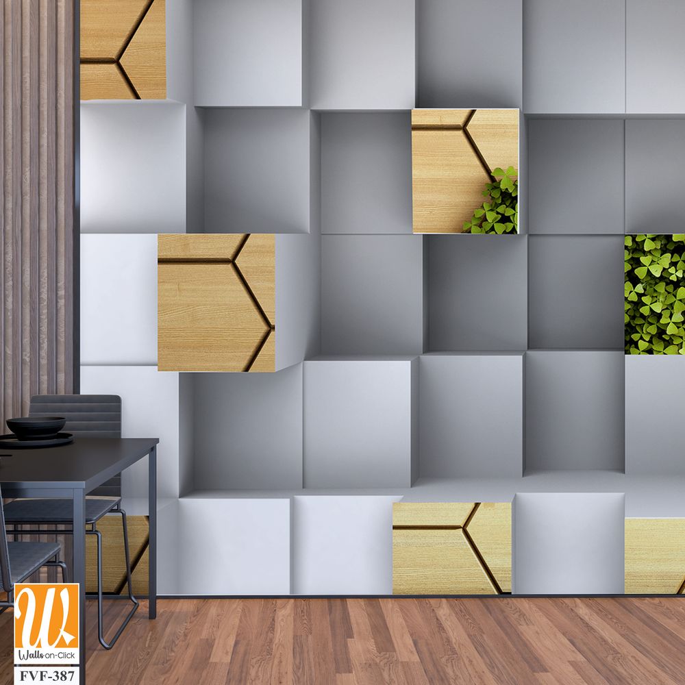 Modern white and grey wall with wooden cubes [WP-FVF-387]