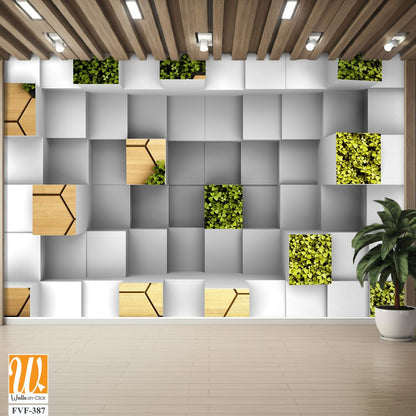 Modern white and grey wall with wooden cubes [WP-FVF-387]