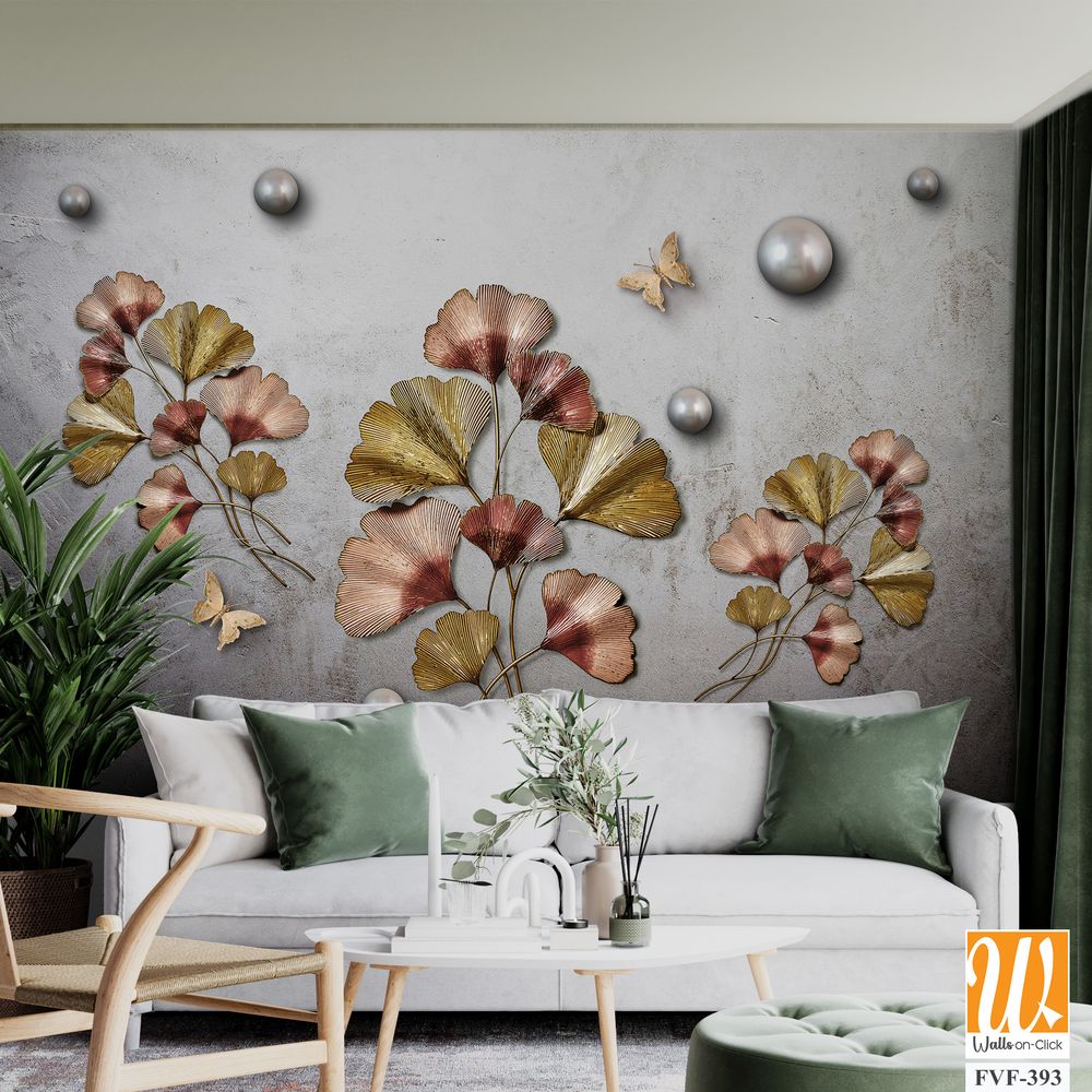 3D Ginkgo leaves and butterfly, pearls on the wall [WP-FVF-393]