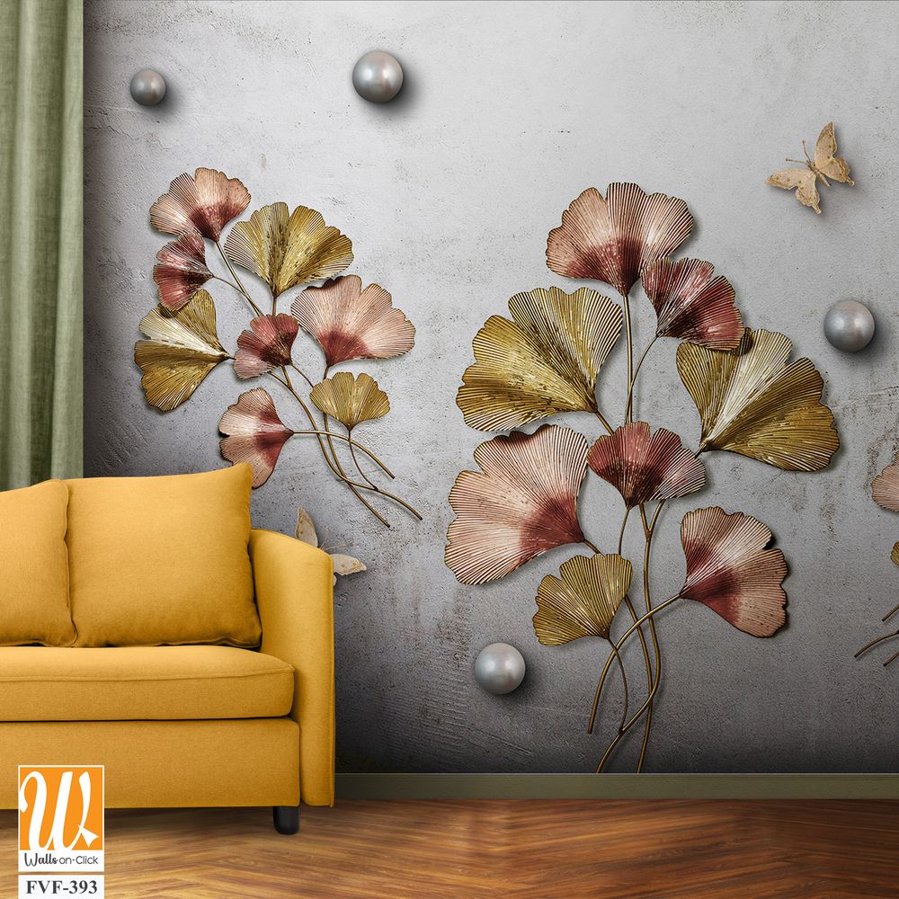 3D Ginkgo leaves and butterfly, pearls on the wall [WP-FVF-393]