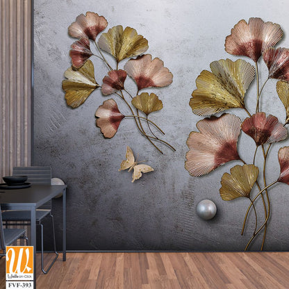 3D Ginkgo leaves and butterfly, pearls on the wall [WP-FVF-393]