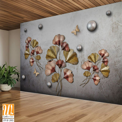 3D Ginkgo leaves and butterfly, pearls on the wall [WP-FVF-393]