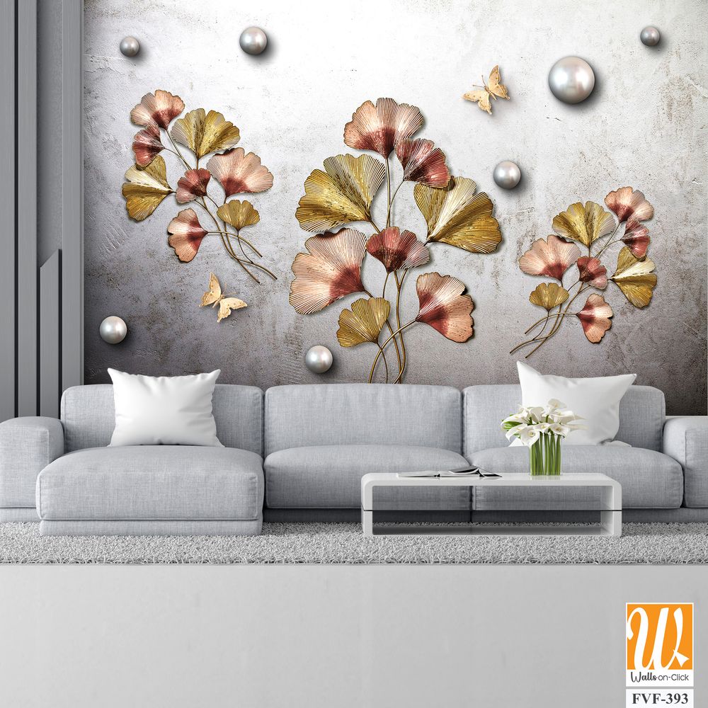 3D Ginkgo leaves and butterfly, pearls on the wall [WP-FVF-393]