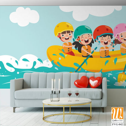 Cartoon design of happy kids rafting, [WP-FVG-042]