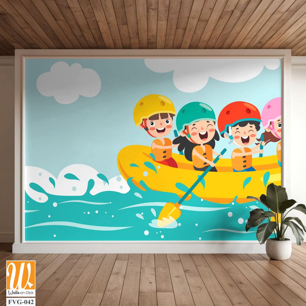 Cartoon design of happy kids rafting, [WP-FVG-042]