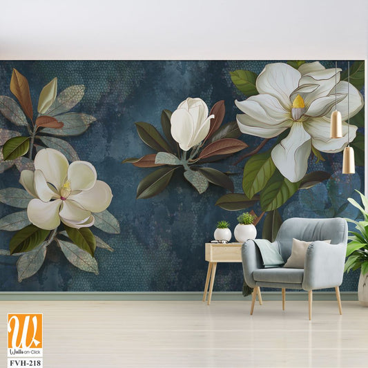 Wall mural, wallpaper, postcard, flowers on a dark background, magnolia, jasmine, leaves. Painted flowers. [WP-FVH-218]