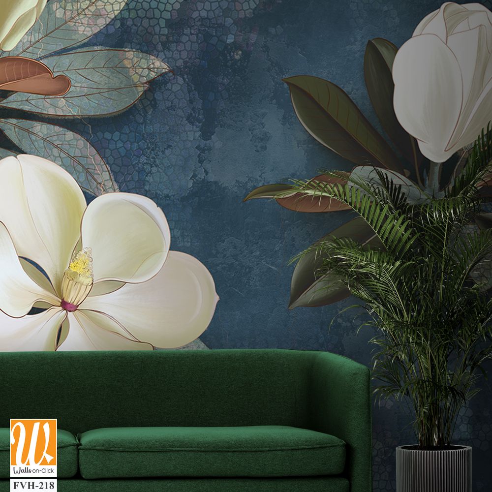 Wall mural, wallpaper, postcard, flowers on a dark background, magnolia, jasmine, leaves. Painted flowers. [WP-FVH-218]