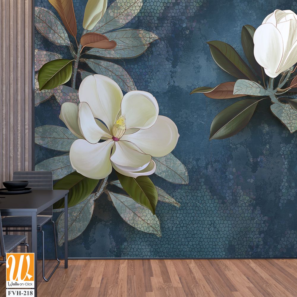 Wall mural, wallpaper, postcard, flowers on a dark background, magnolia, jasmine, leaves. Painted flowers. [WP-FVH-218]