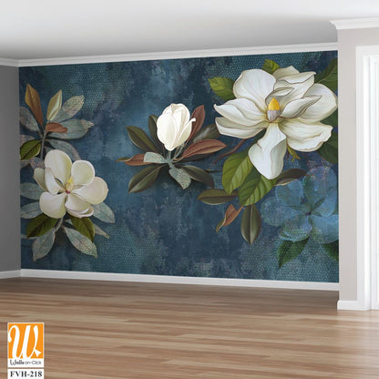 Wall mural, wallpaper, postcard, flowers on a dark background, magnolia, jasmine, leaves. Painted flowers. [WP-FVH-218]