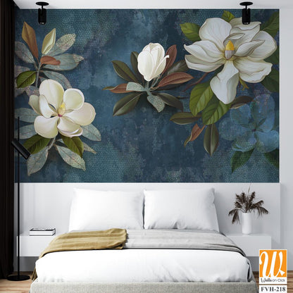 Wall mural, wallpaper, postcard, flowers on a dark background, magnolia, jasmine, leaves. Painted flowers. [WP-FVH-218]