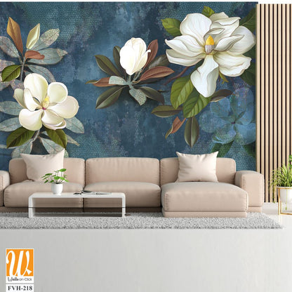 Wall mural, wallpaper, postcard, flowers on a dark background, magnolia, jasmine, leaves. Painted flowers. [WP-FVH-218]