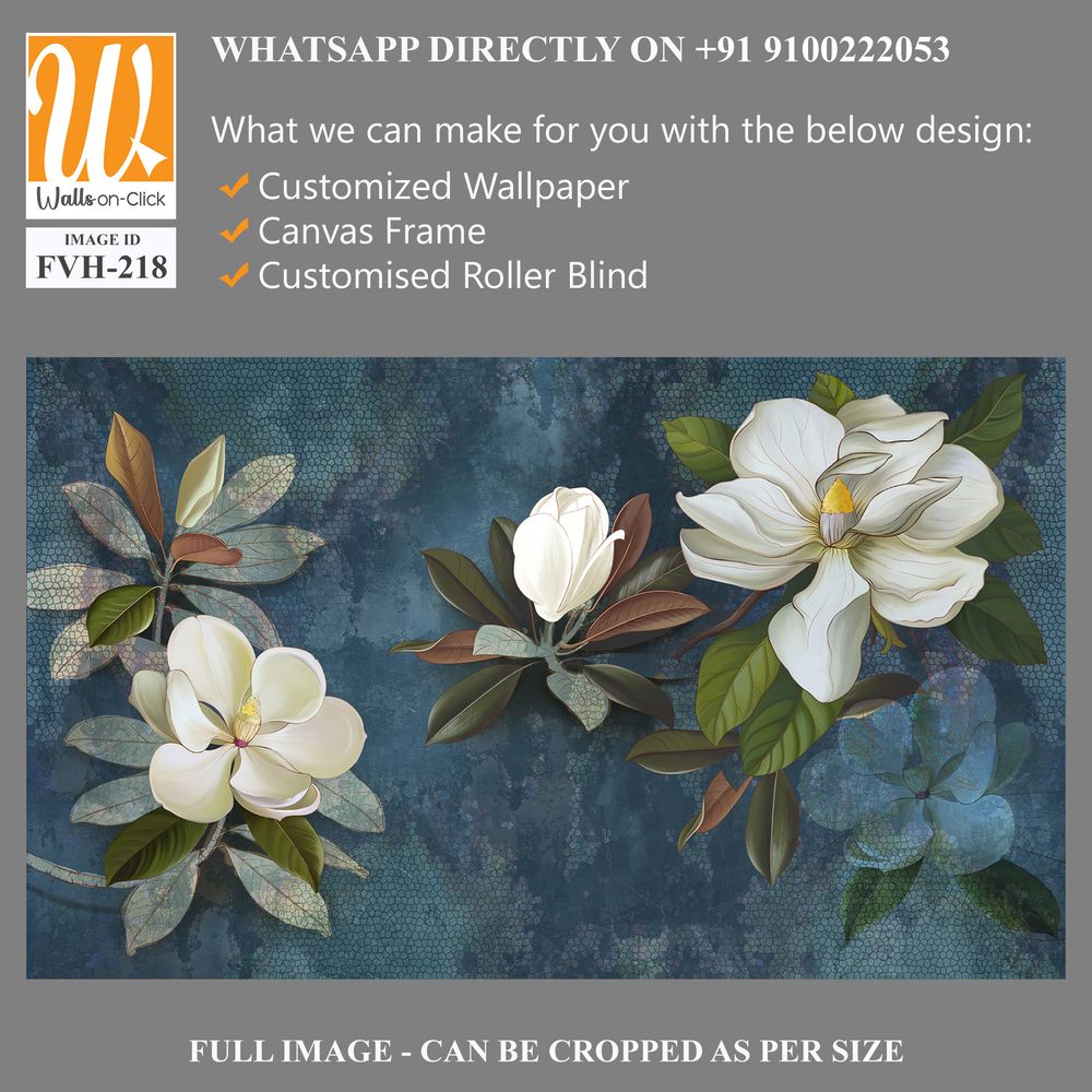 Wall mural, wallpaper, postcard, flowers on a dark background, magnolia, jasmine, leaves. Painted flowers. [WP-FVH-218]