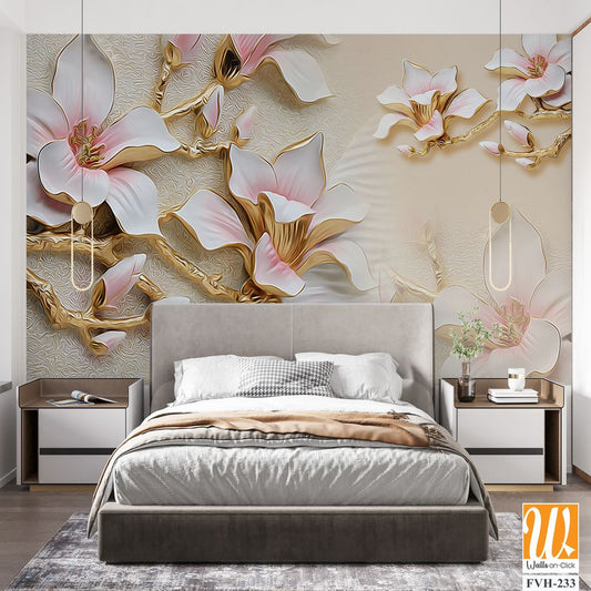 3D textured wallpaper with magnolia flowers and branches [WP-FVH-233]