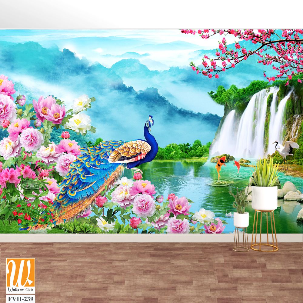 Beautiful peacock flowers and waterfalls background, [WP-FVH-239]