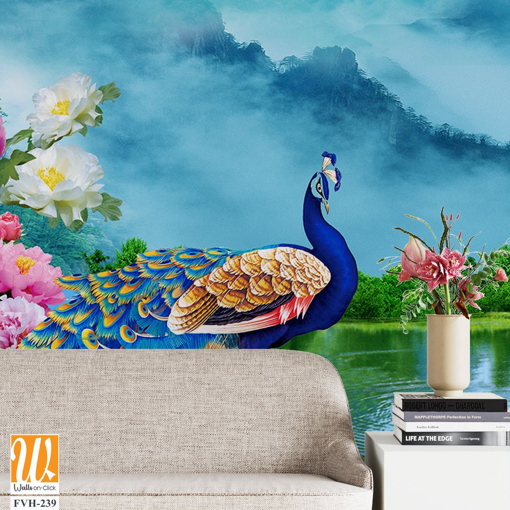 Beautiful peacock flowers and waterfalls background, [WP-FVH-239]