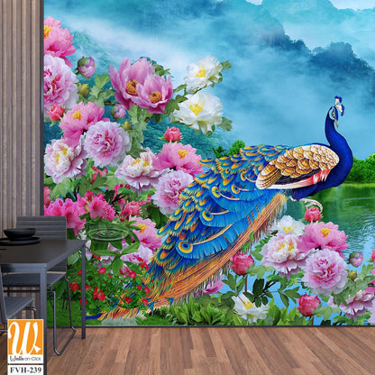 Beautiful peacock flowers and waterfalls background, [WP-FVH-239]