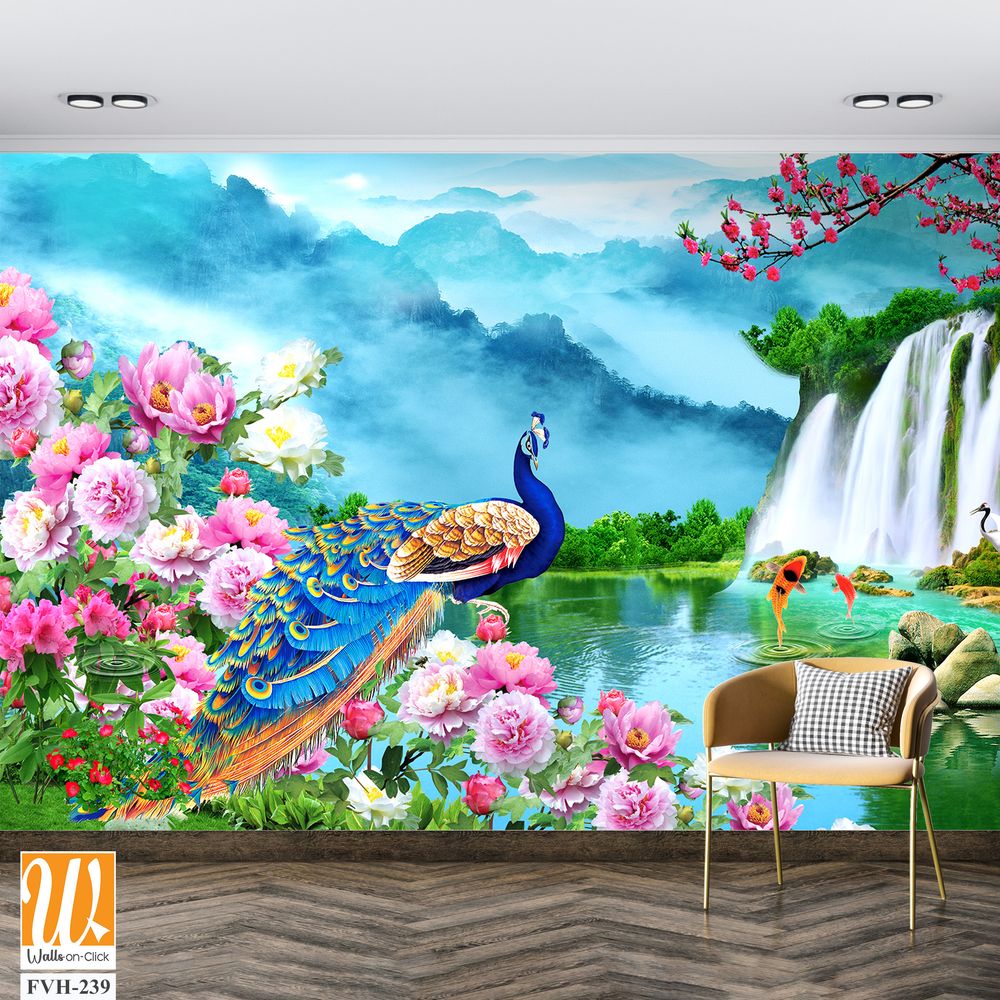 Beautiful peacock flowers and waterfalls background, [WP-FVH-239]