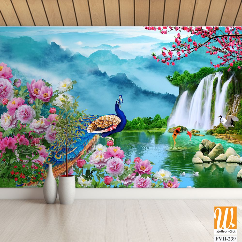 Beautiful peacock flowers and waterfalls background, [WP-FVH-239]