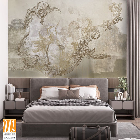 Wall mural, wallpaper, in the style of loft, classic, baroque, modern, rococo. Wall mural with graphic birds and patterns on concrete grunge background. Light, delicate photo wallpaper design. [WP-FVI-187]