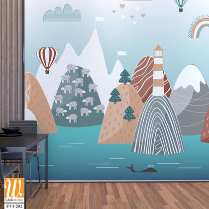 Scandinavian-style illustration of nature and air balloons [WP-FVI-202]