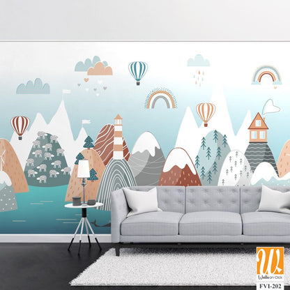 Scandinavian-style illustration of nature and air balloons [WP-FVI-202]