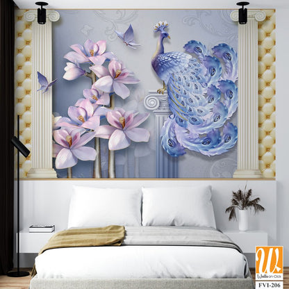 3D wallpaper featuring a peacock and orchid flowers [WP-FVI-206]