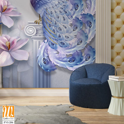 3D wallpaper featuring a peacock and orchid flowers [WP-FVI-206]