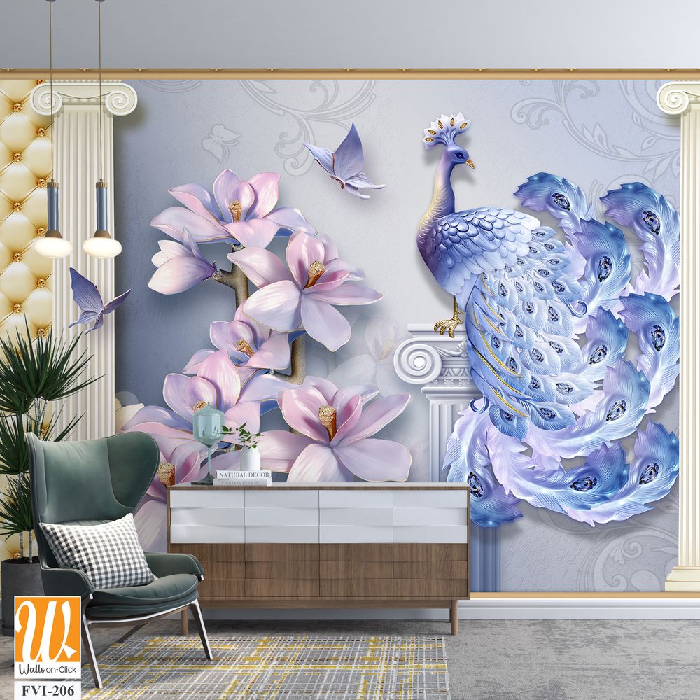 3D wallpaper featuring a peacock and orchid flowers [WP-FVI-206]