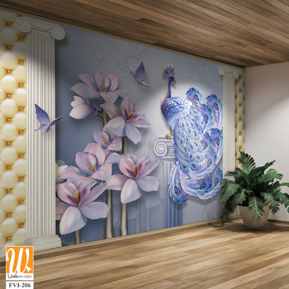 3D wallpaper featuring a peacock and orchid flowers [WP-FVI-206]