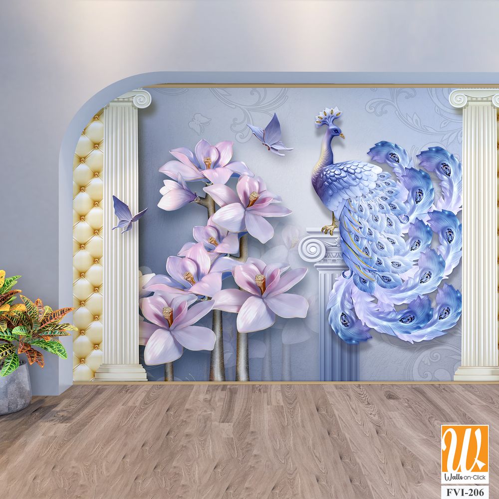 3D wallpaper featuring a peacock and orchid flowers [WP-FVI-206]