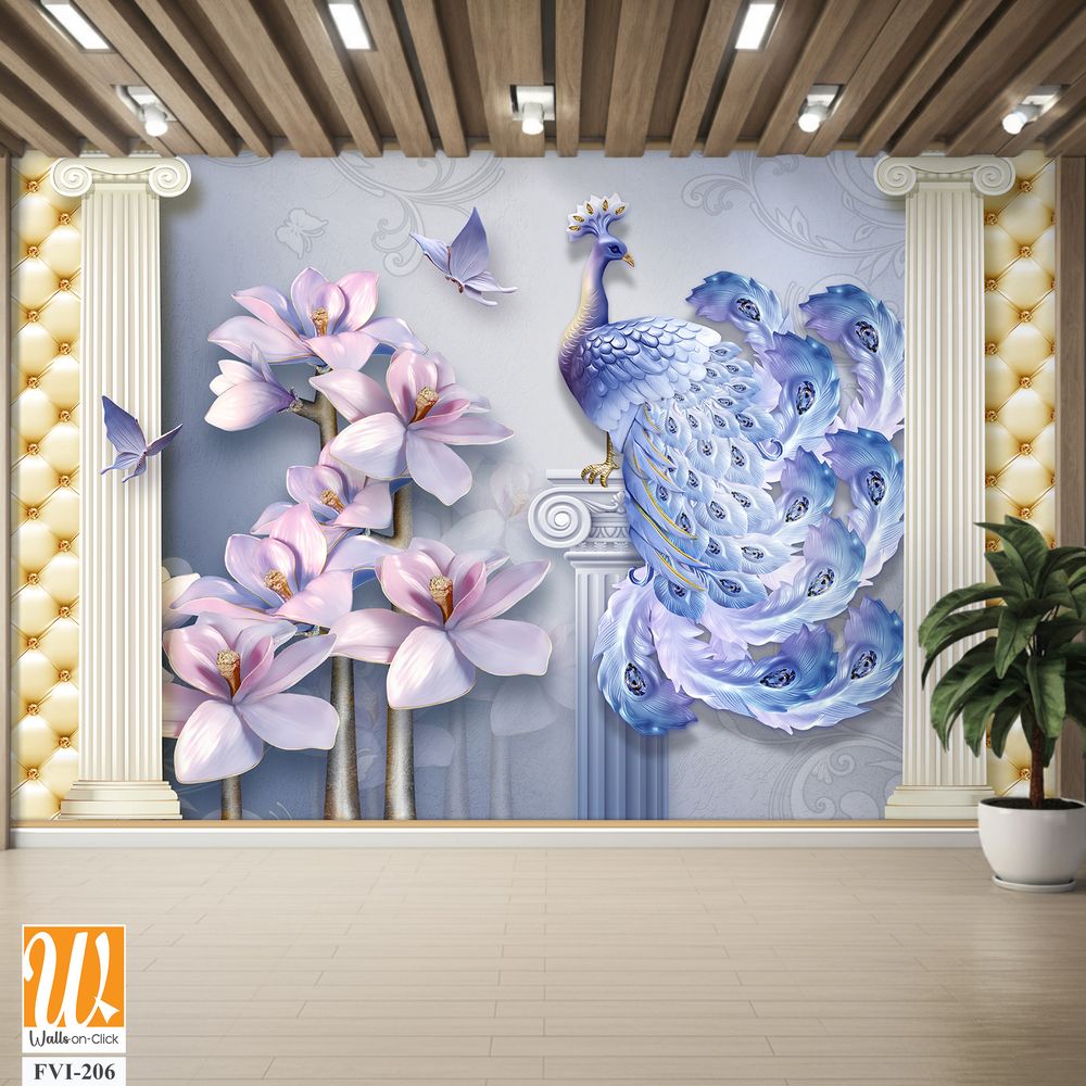 3D wallpaper featuring a peacock and orchid flowers [WP-FVI-206]